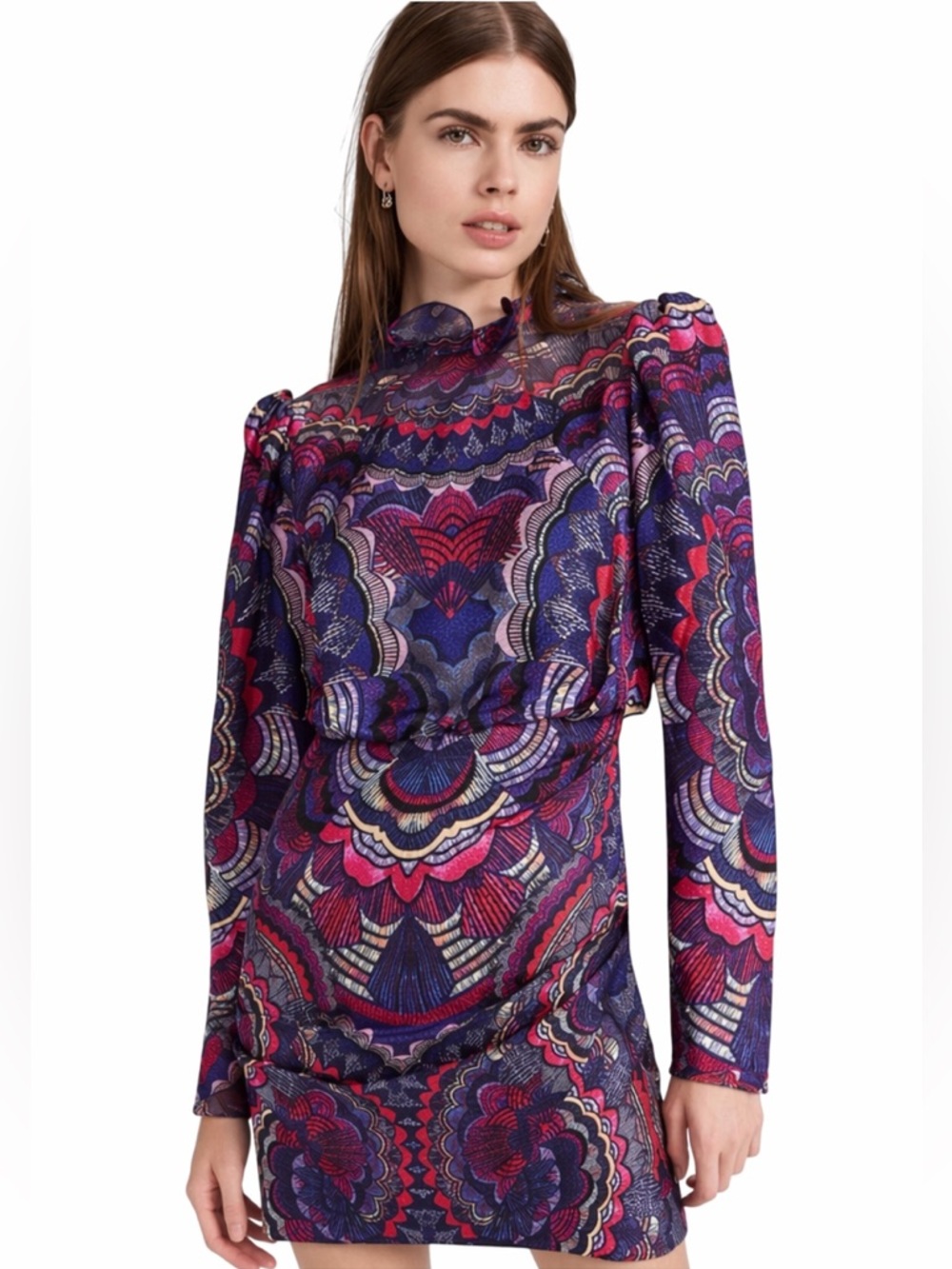 Saloni Silk Mini Dress High Neck Kaleidoscopic Print Ruffle Detail Clip Dot